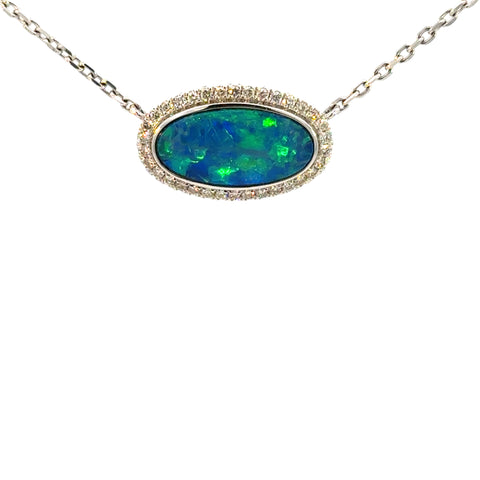 14K White Gold Oval Opal & Diamond Halo Necklace