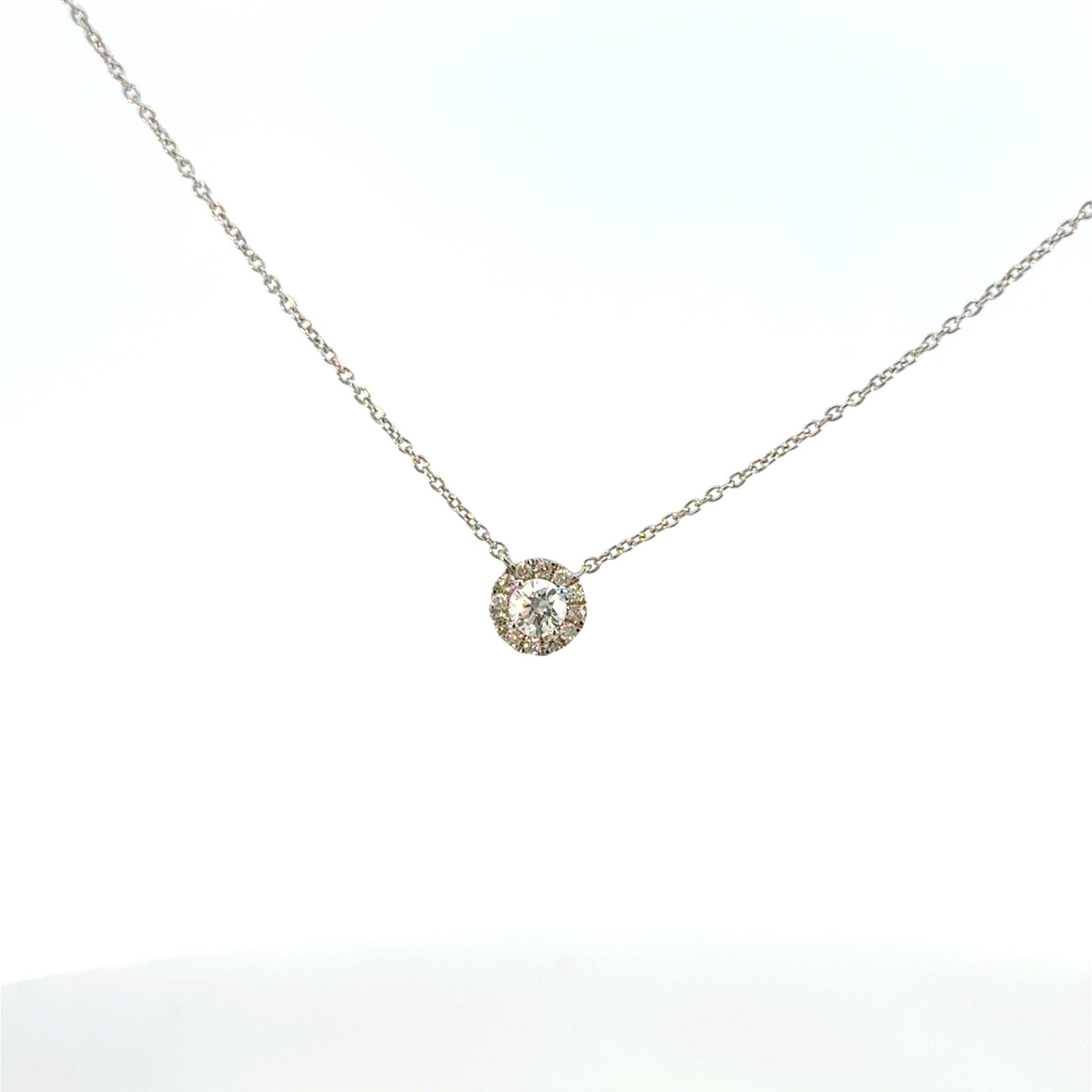 14k White Gold Classic Diamond Halo Solitaire Necklace