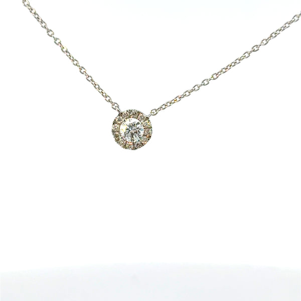 14k White Gold Classic Diamond Halo Solitaire Necklace