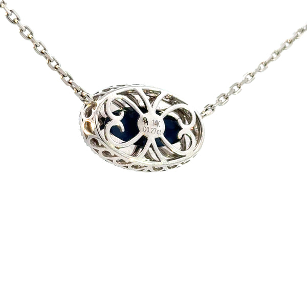 14K White Gold Oval Opal & Diamond Halo Necklace