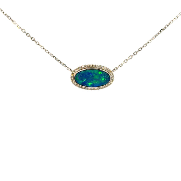 14K White Gold Oval Opal & Diamond Halo Necklace