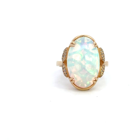 14K Yellow Gold Oval Opal & Diamond Ring
