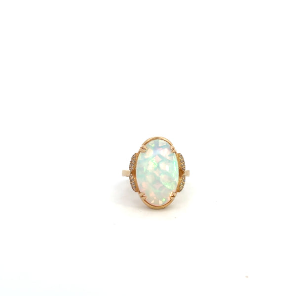14K Yellow Gold Oval Opal & Diamond Ring