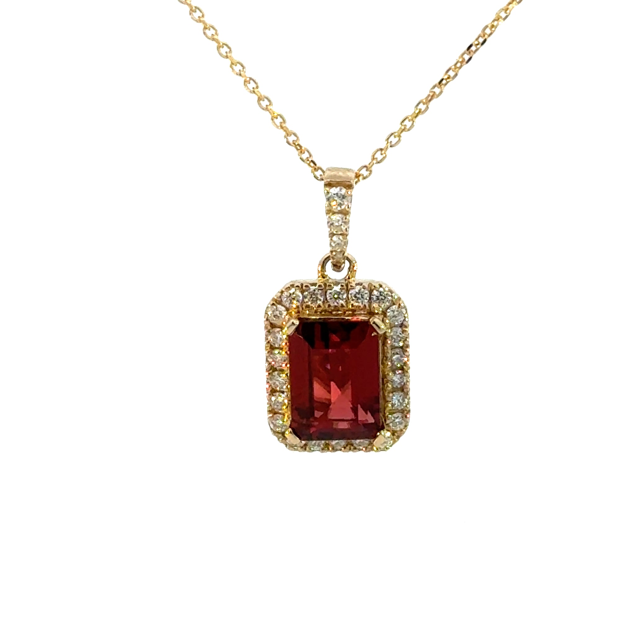 14K Yellow Gold Red Garnet  Diamond Square Pendant Necklace
