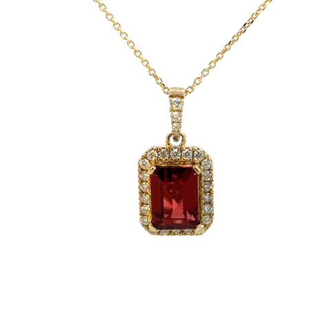 14K Yellow Gold Red Garnet  Diamond Square Pendant Necklace