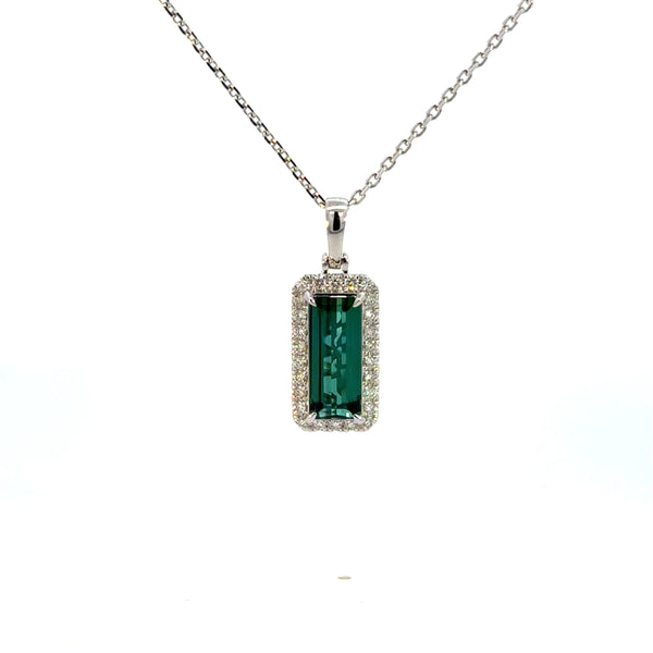 14k White Gold Green Tourmaline & Diamond Pendant Necklace
