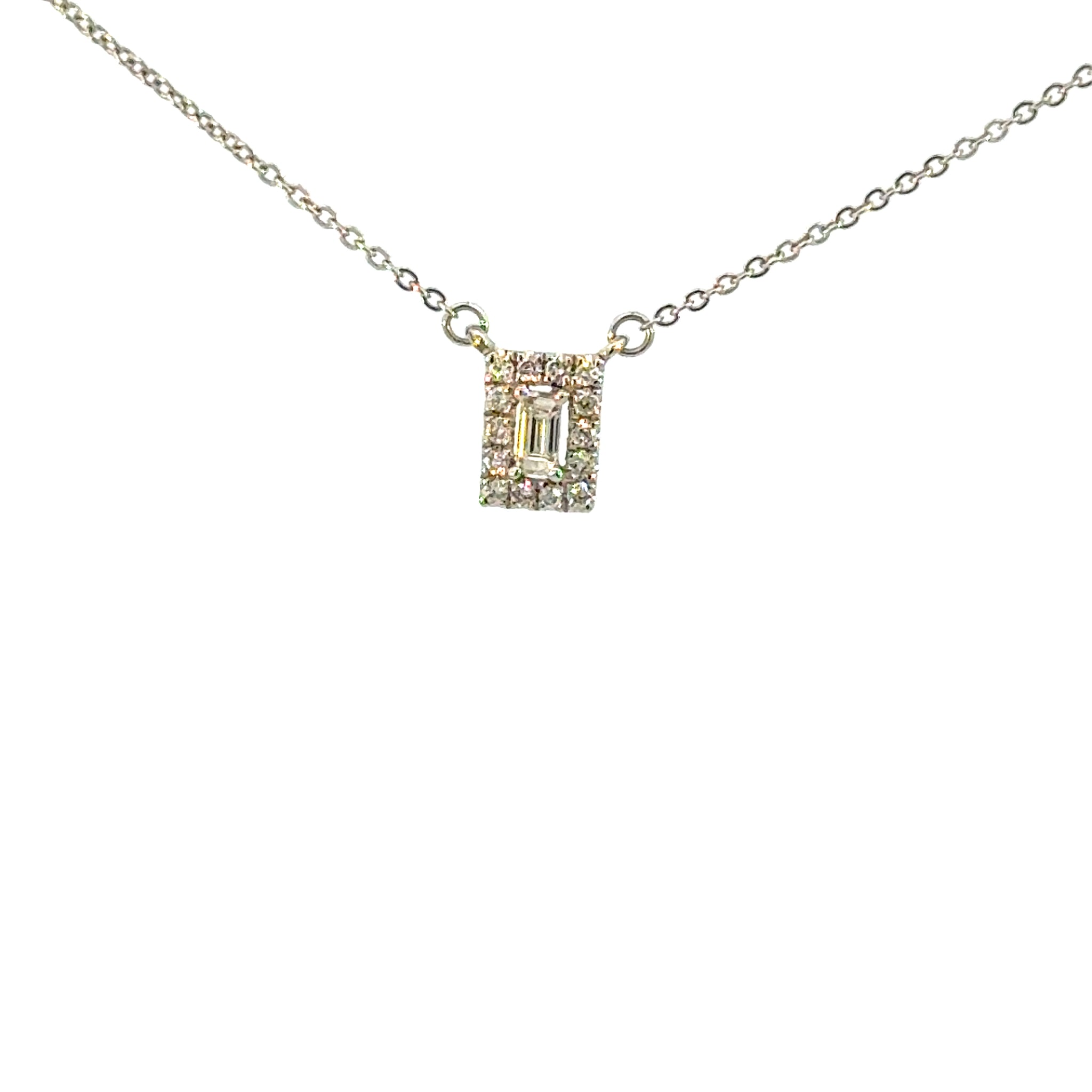 14K White Gold Diamond Halo Rectangle Pendant Necklace