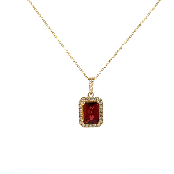 14K Yellow Gold Red Garnet  Diamond Square Pendant Necklace