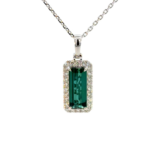 14k White Gold Green Tourmaline & Diamond Pendant Necklace