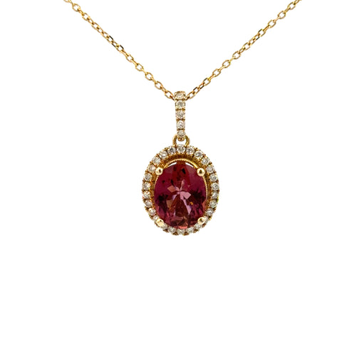 14K Yellow Gold Oval Pink Tourmaline & Diamond Pendant Necklace