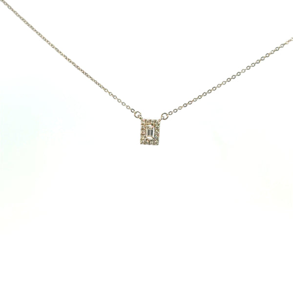 14K White Gold Diamond Halo Rectangle Pendant Necklace