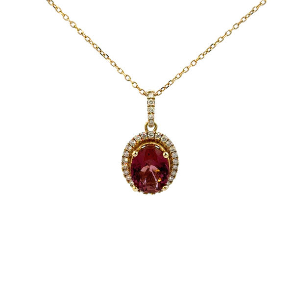 14K Yellow Gold Oval Pink Tourmaline & Diamond Pendant Necklace