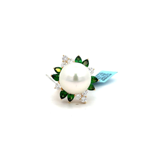 14K Yellow Gold Pearl, Emerald & Diamond Cocktail Ring