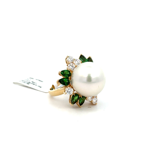 14K Yellow Gold Pearl, Emerald & Diamond Cocktail Ring