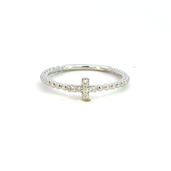 14K Yellow Gold Diamond Cross Beaded Stacking Ring