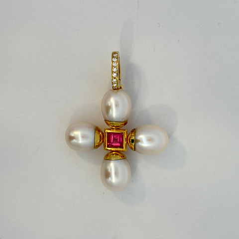 14K Yellow Gold Pearl & Pink Tourmaline Cross Enhancer