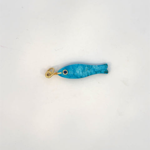 14k Yellow Gold Carved Turquoise Fish Charm