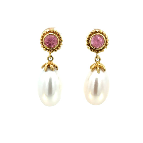 14K  Pink Tourmaline & Pearl Drop Earrings