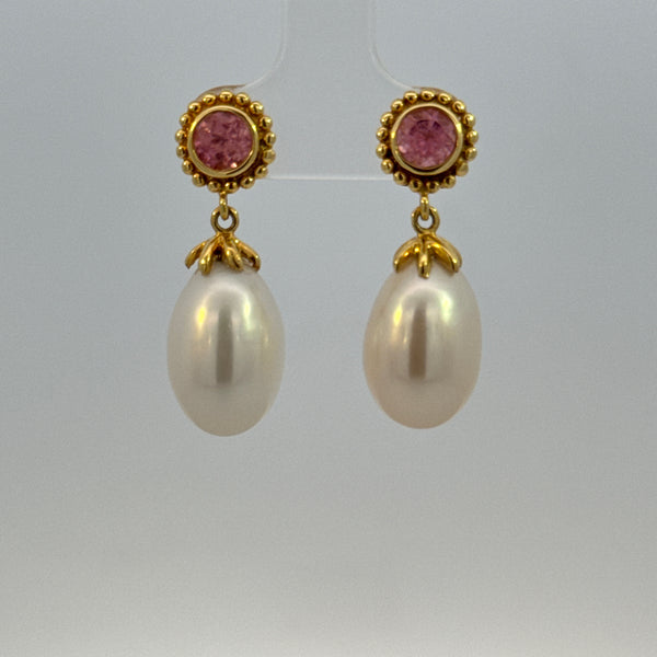 14K  Pink Tourmaline & Pearl Drop Earrings