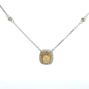 14K White Gold Yellow Diamond Halo Pendant Necklace
