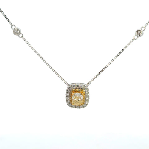14K White Gold Yellow Diamond Halo Pendant Necklace