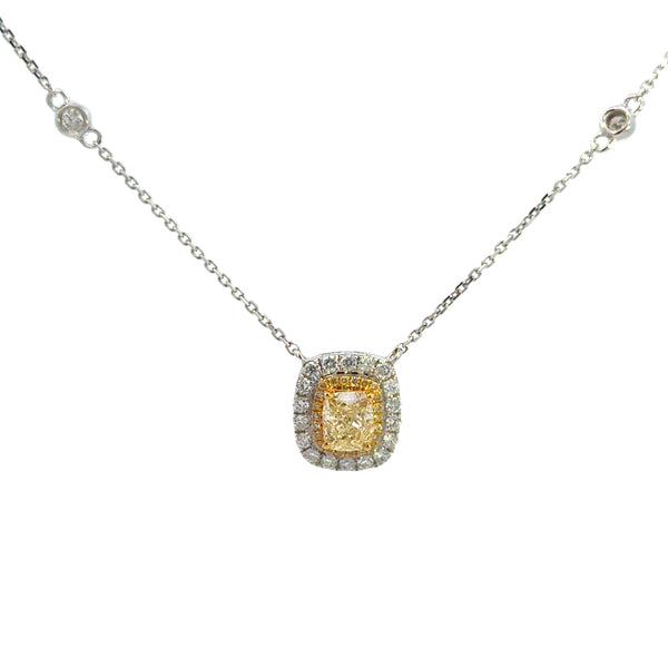 14K White Gold Yellow Diamond Halo Pendant Necklace