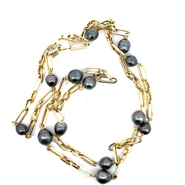 14K Yellow Gold Black Pearl & Gold Paperclip Necklace