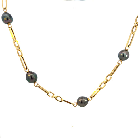 14K Yellow Gold Black Pearl & Gold Paperclip Necklace