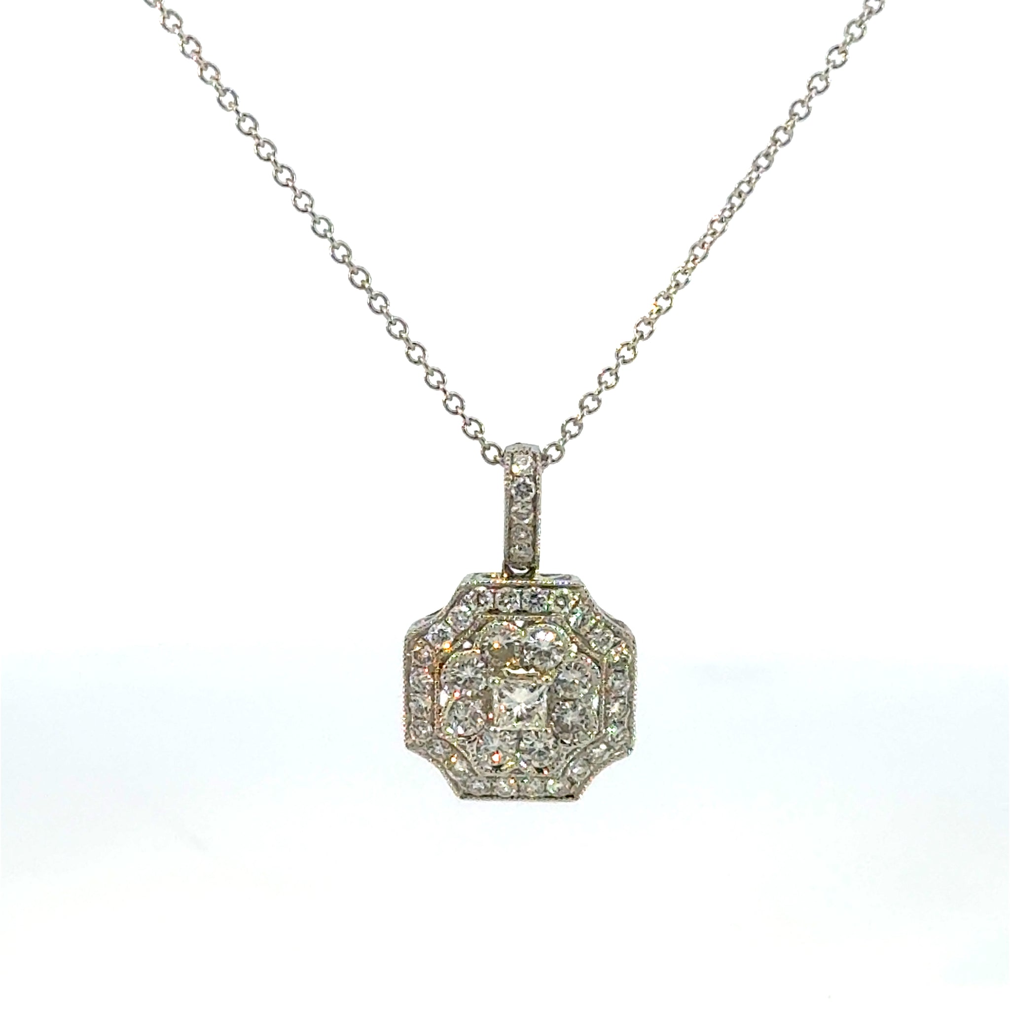 14K White Gold  Diamond Art Deco Pendant Necklace