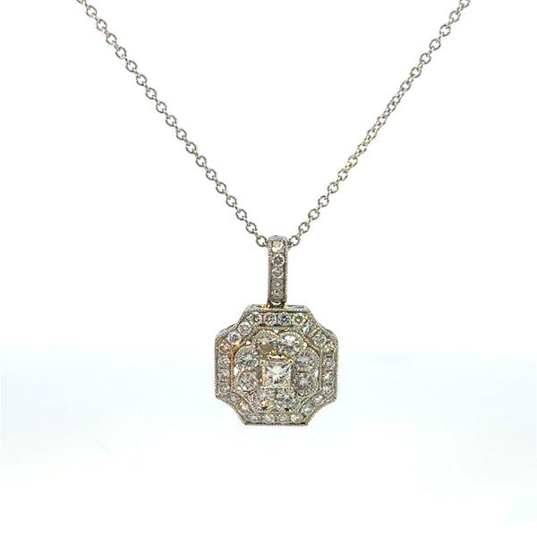 14K White Gold  Diamond Art Deco Pendant Necklace