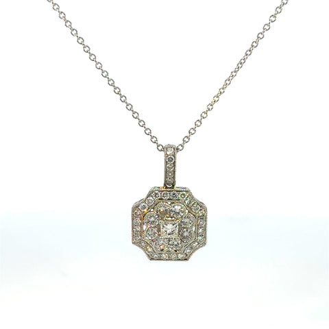 14K White Gold  Diamond Art Deco Pendant Necklace
