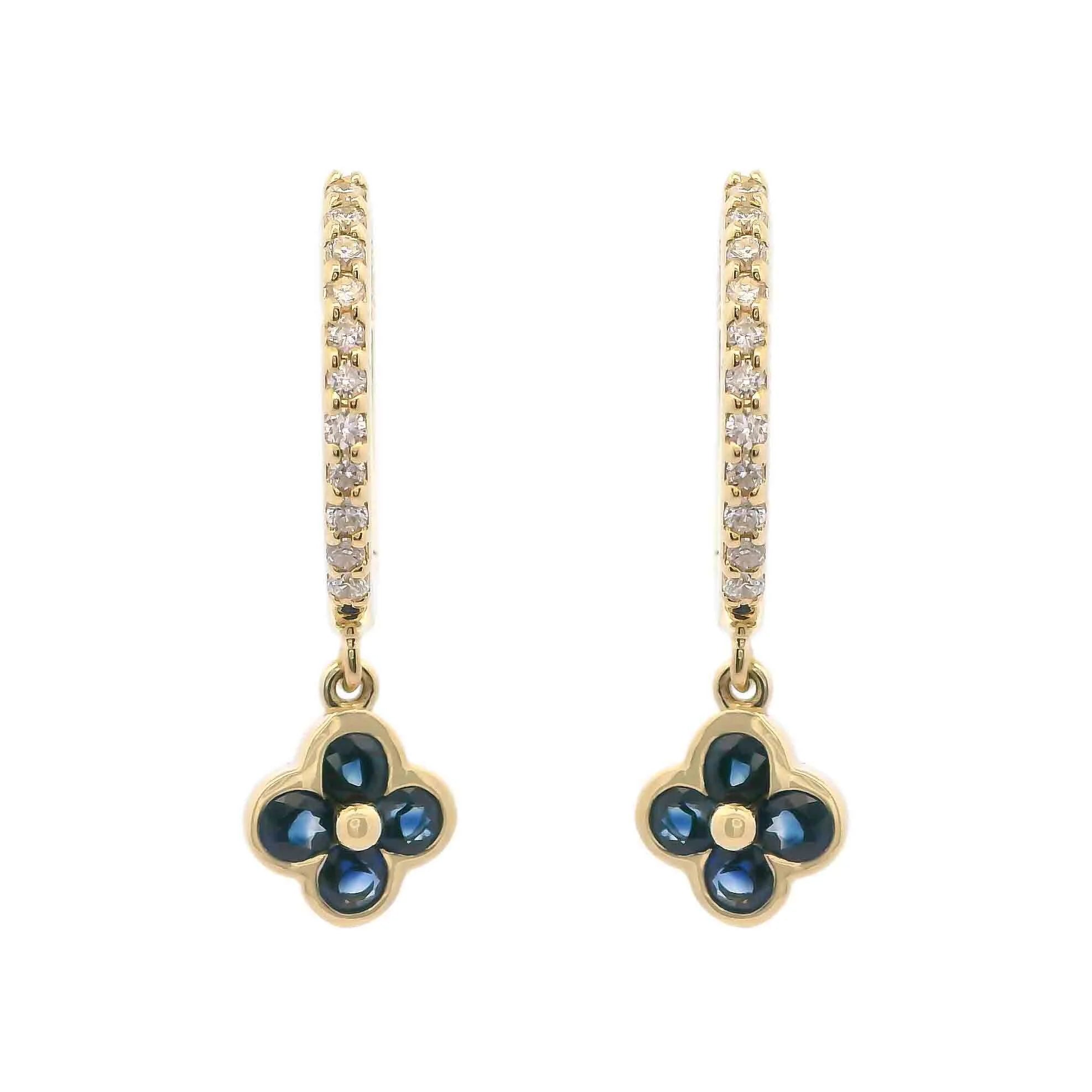 Diamond & Sapphire Clover Drop Huggie Earrings
