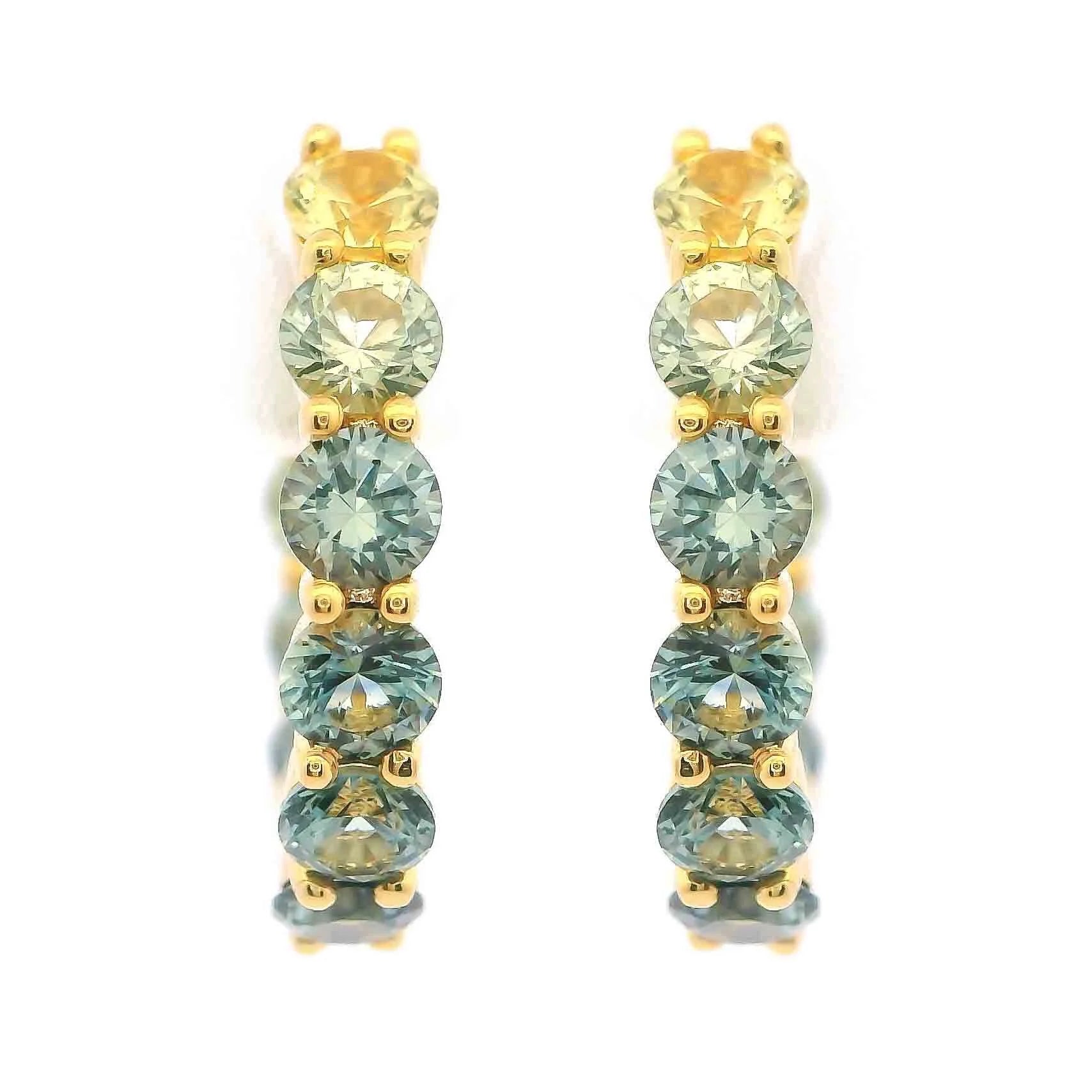 14k Yellow Gold Ombre Green Sapphire Inside-Out Huggie Hoop Earrings