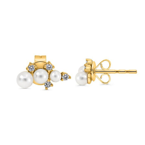 14K Yellow Gold Pearl & Diamond Cluster Earrings