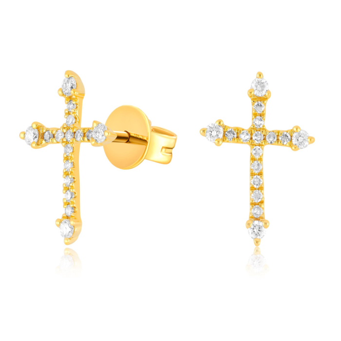 14K Yellow Gold Diamond Cross Earrings