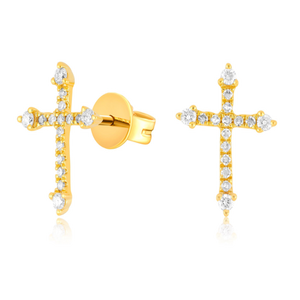 14K Yellow Gold Diamond Cross Earrings