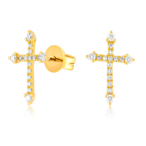 14K Yellow Gold Diamond Cross Earrings