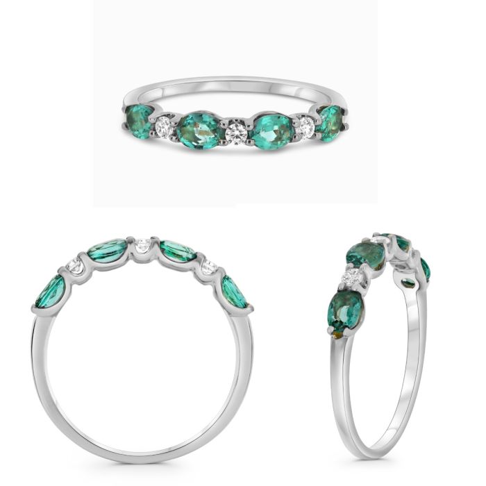 14K White Gold Emerald & Diamond Band