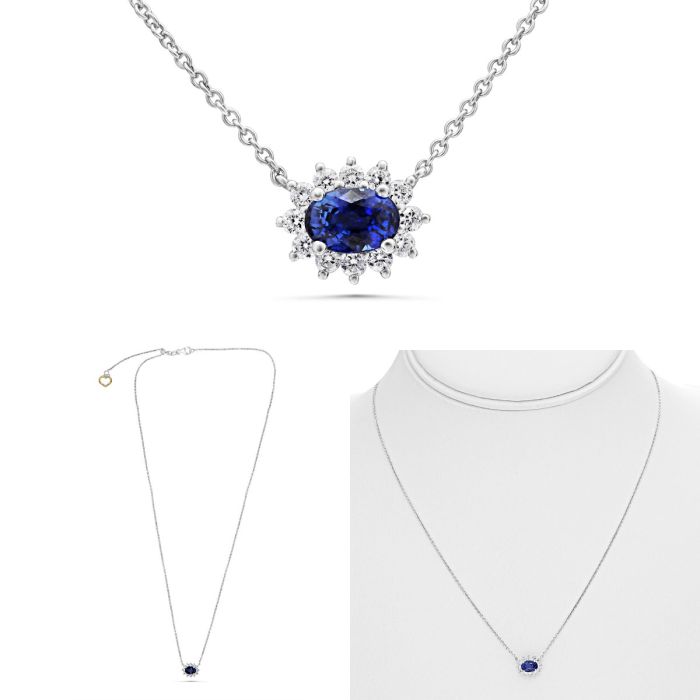 18K White Gold Oval Sapphire & Diamond Halo Necklace