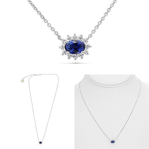 18K White Gold Oval Sapphire & Diamond Halo Necklace
