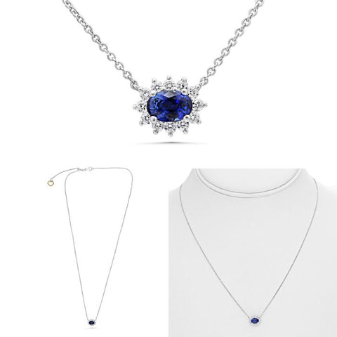 18K White Gold Oval Sapphire & Diamond Halo Necklace